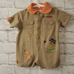 Vintage Baby Okie-Dokie Romper Shorts Khaki Fishing Teddy Bear 6-9 Months